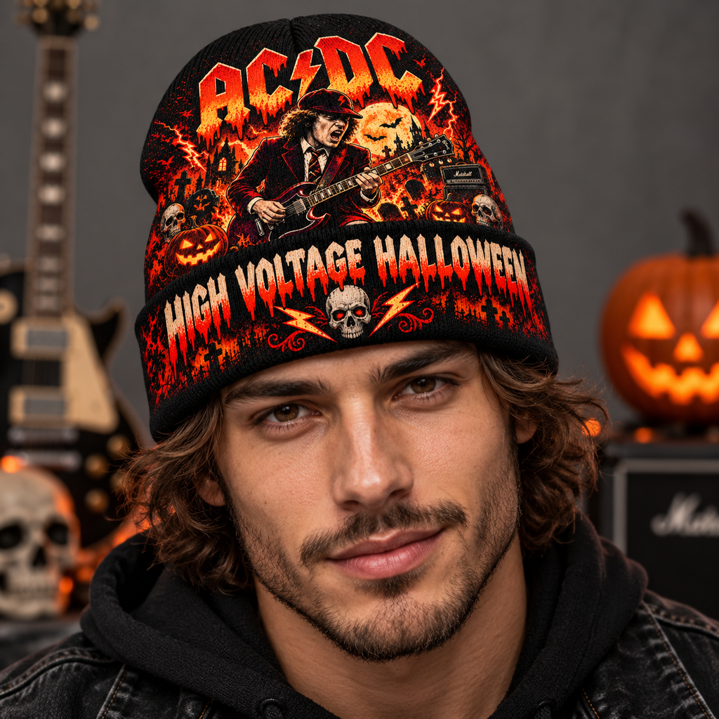 AC/DC Lightning Guitar Graphic Print Knit Beanie for High Voltage Halloween Nights NDN 3