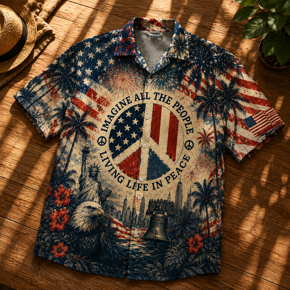 Imagine All The People Living Life In Peace Hawaiian Shirt Patriotic Peace Sign Independence Day AOP Shirt
