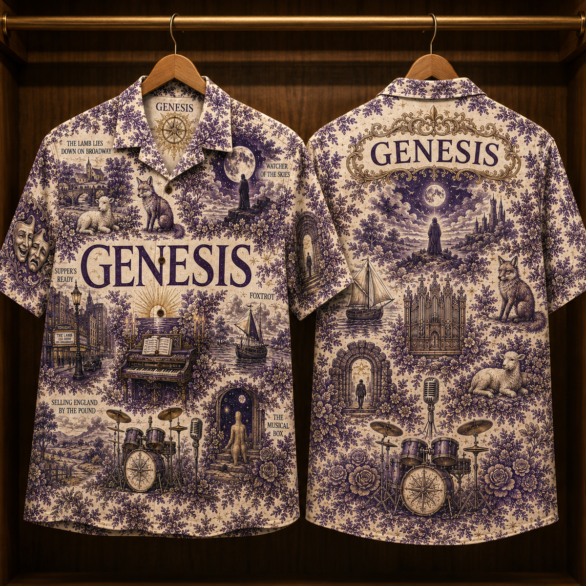 Genesis Hawaiian Shirt - Unisex Vintage Toile De Jouy Lavender Purple Button Up