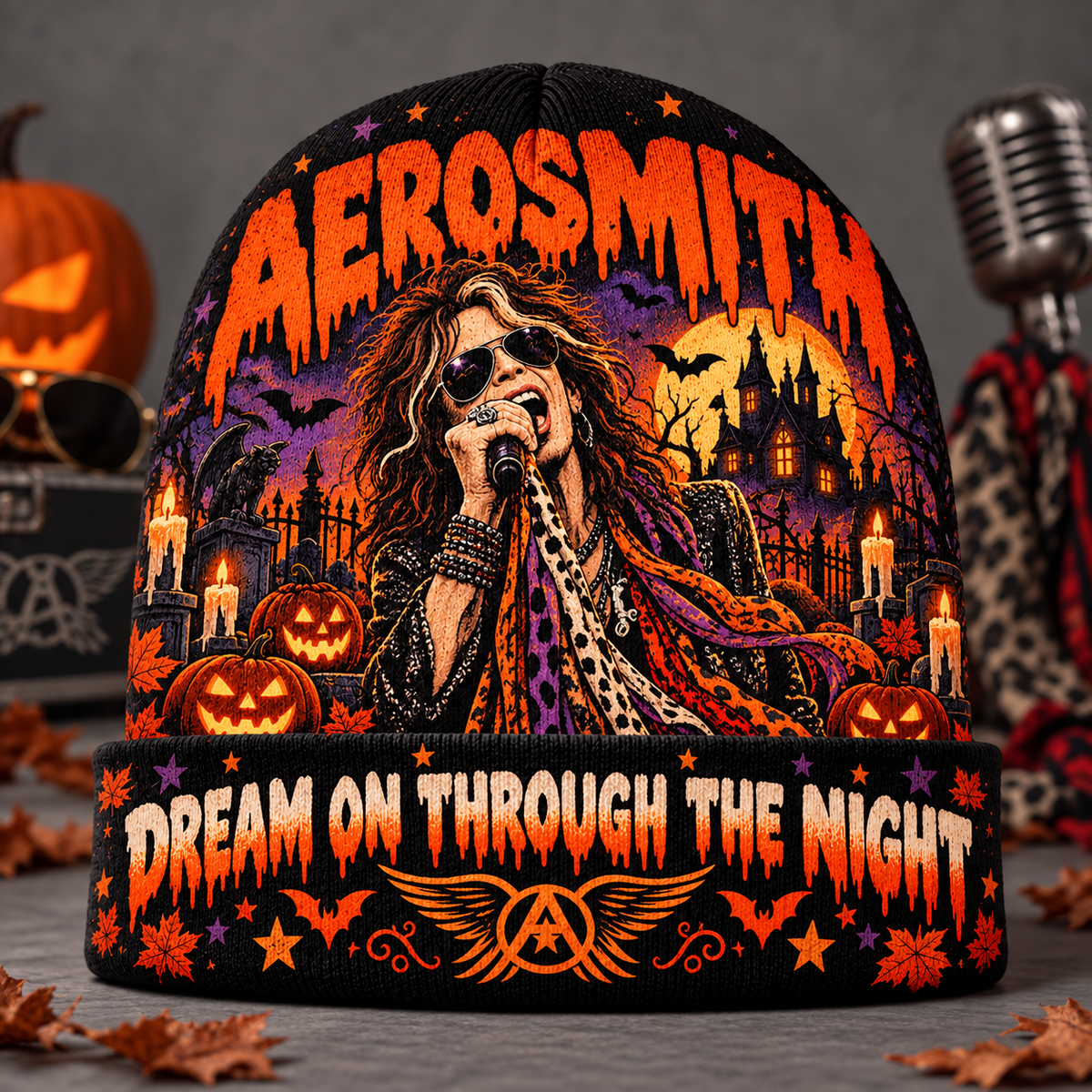 Aerosmith Castle Mic Graphic Print Knit Beanie for Dream On Halloween Horror Nights NDN 2