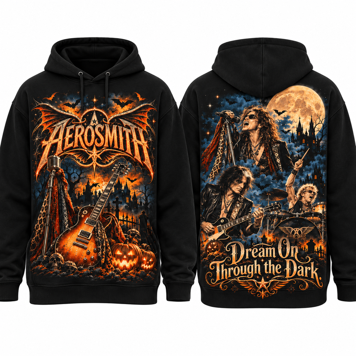 Aerosmith Guitar Pumpkins Dream On Through The Dark Moon Hoodie for Classic Rock Fans NDN 1