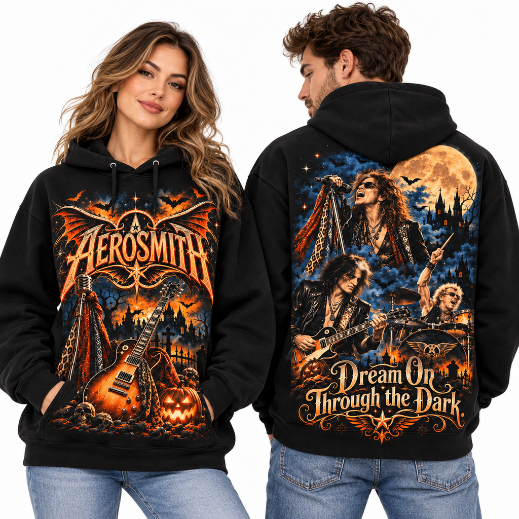 Aerosmith Guitar Pumpkins Dream On Through The Dark Moon Hoodie for Classic Rock Fans NDN 2
