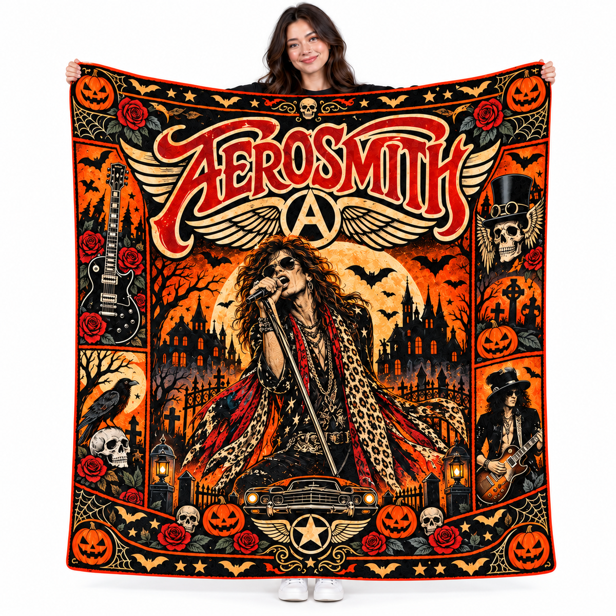 Aerosmith Winged Logo And Scarf Guitarist Fleece Blanket For Halloween Rock Nights NDN 1