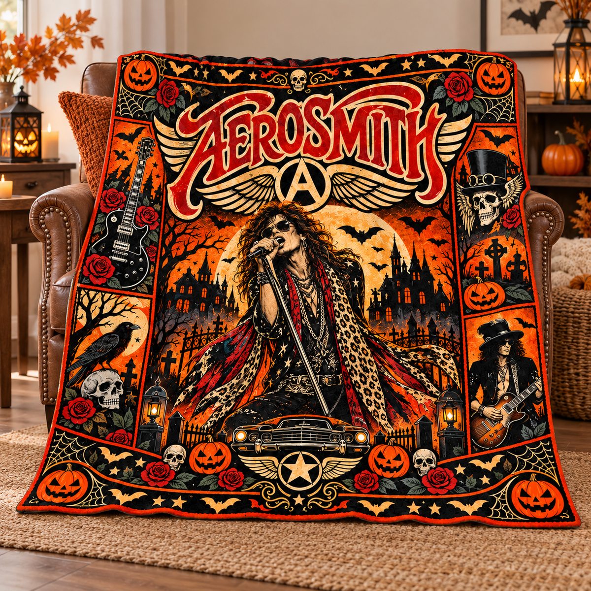 Aerosmith Winged Logo And Scarf Guitarist Fleece Blanket For Halloween Rock Nights NDN 3
