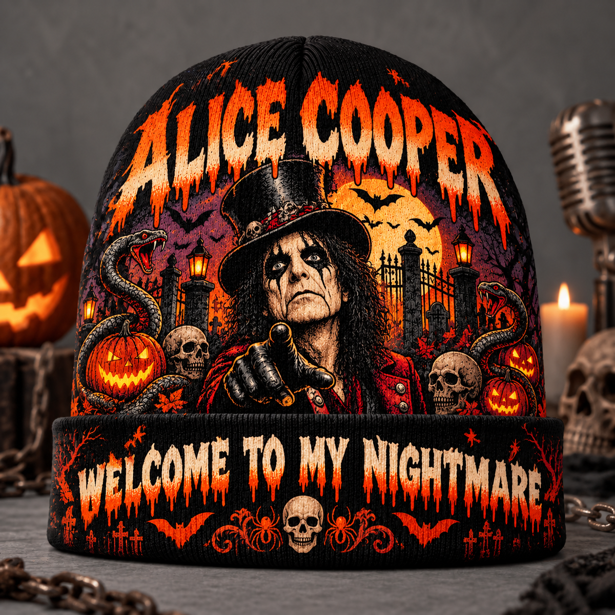 Alice Cooper Nightmare Portrait Graphic Print Knit Beanie for Halloween Horror Nights NDN 2