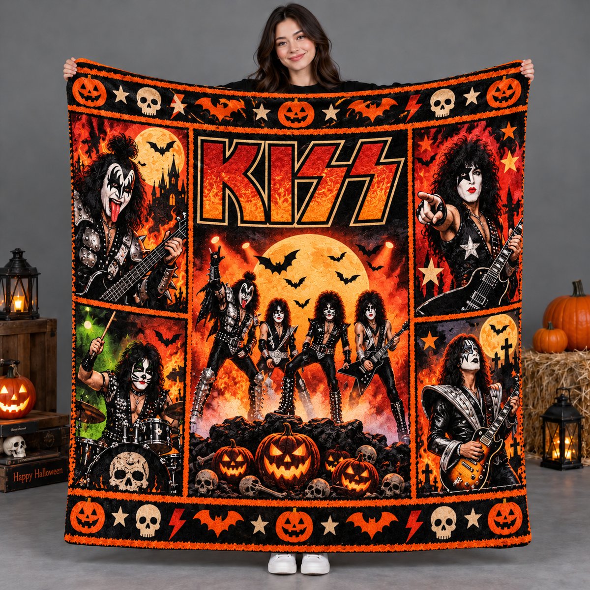 Alice Cooper Red Orange Top Hat Skull Fleece Blanket For Shock Rock Halloween Nights NDN 2