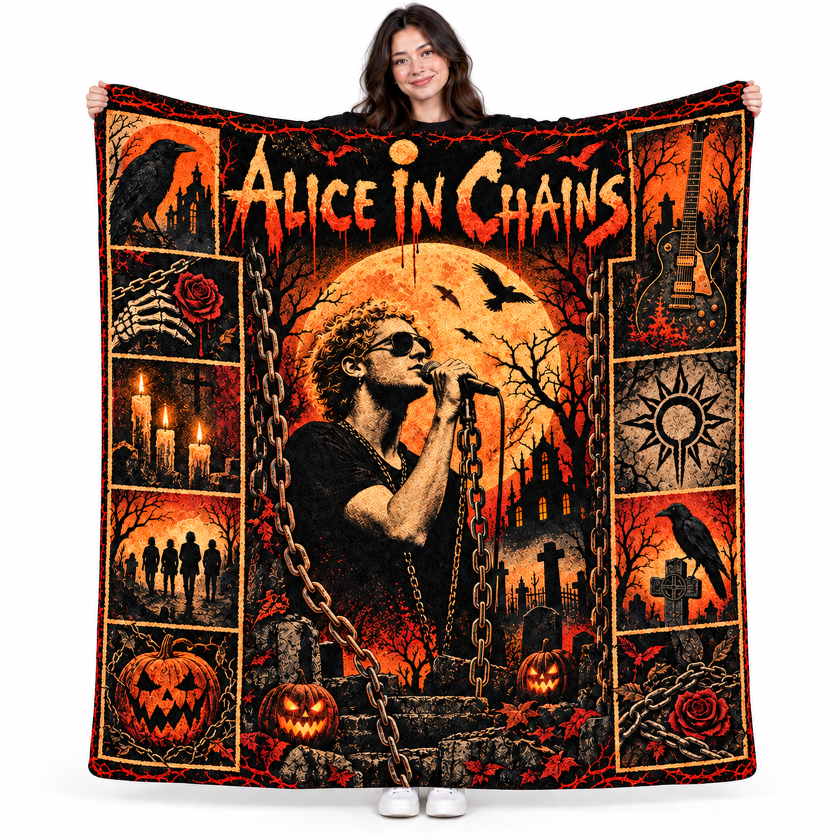 Alice In Chains Singer And Orange Moon Fleece Blanket For Dark Concert Nights NDN 1