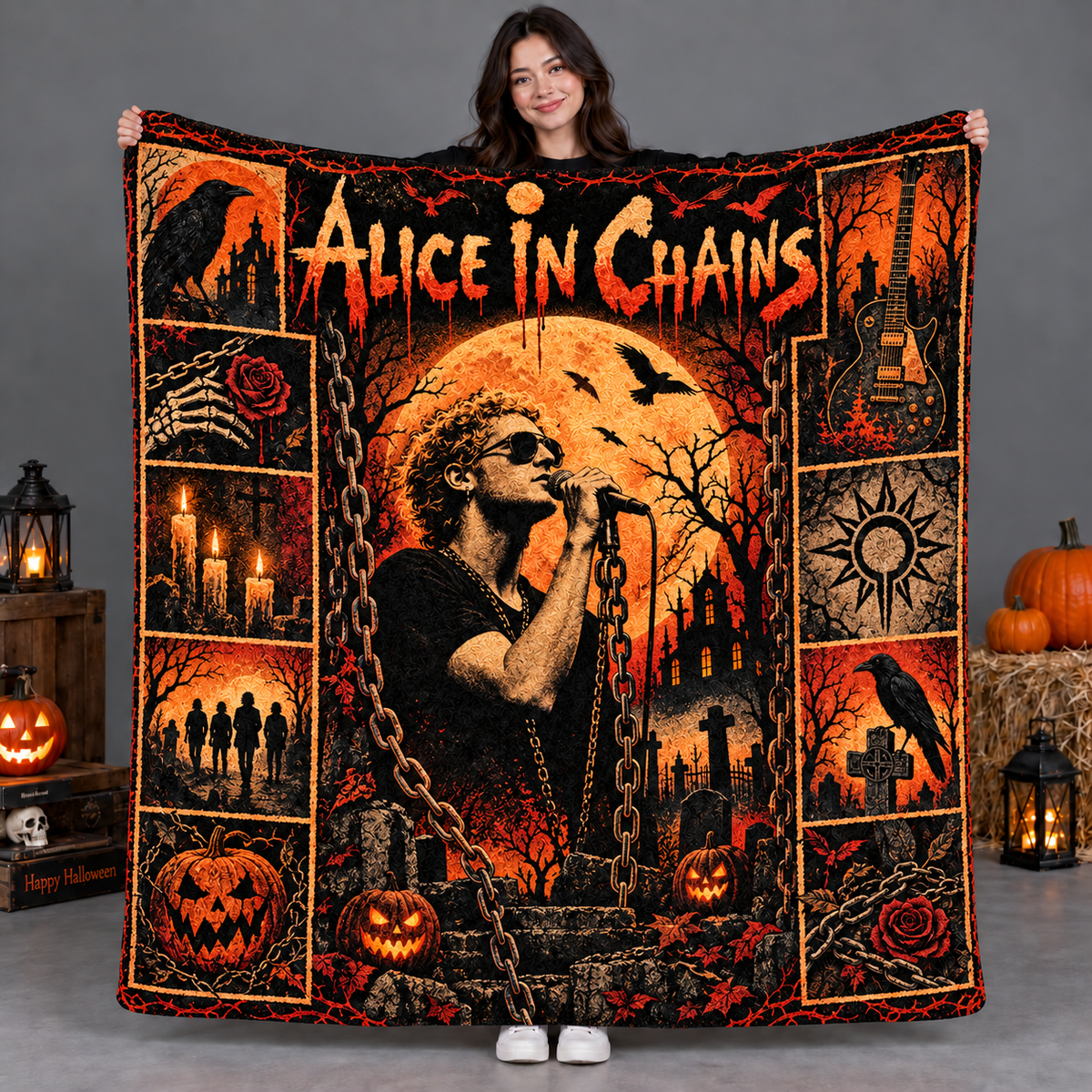 Alice In Chains Singer And Orange Moon Fleece Blanket For Dark Concert Nights NDN 2