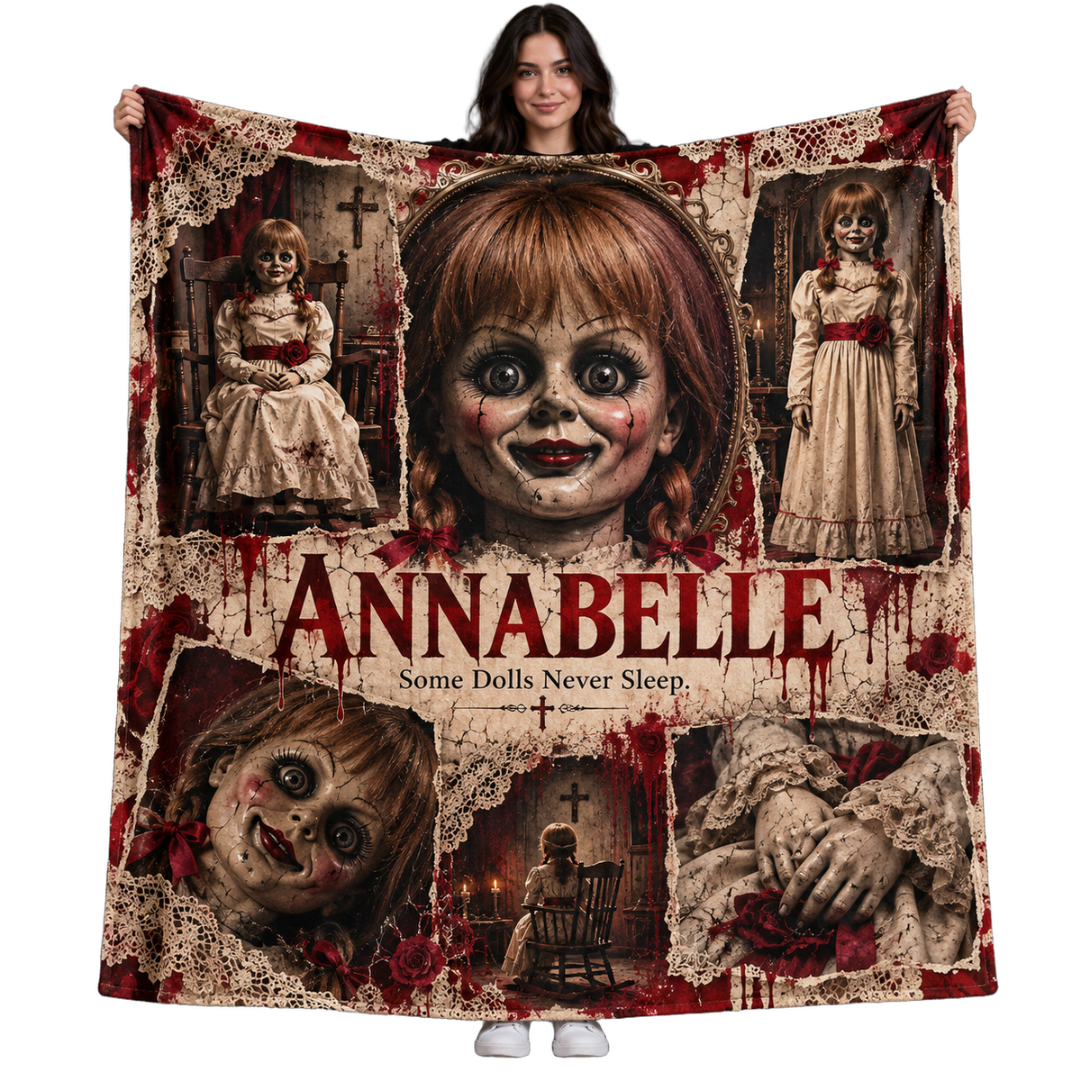 Annabelle Doll Portrait And Crimson Collage Fleece Blanket For Haunted Doll Horror Fans NDN 1