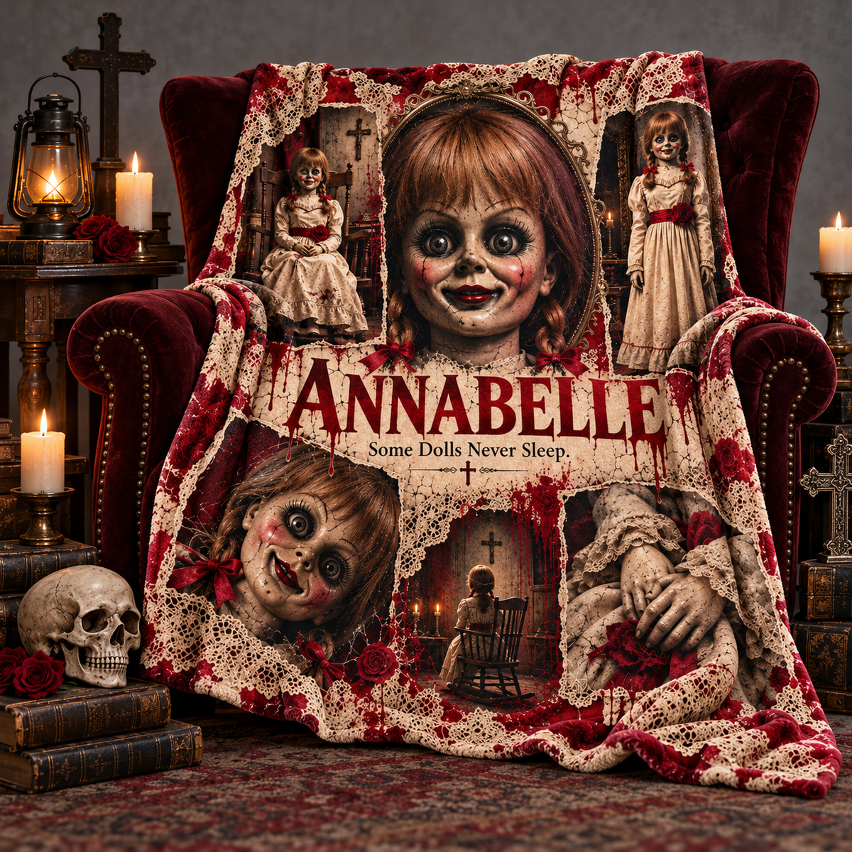 Annabelle Doll Portrait And Crimson Collage Fleece Blanket For Haunted Doll Horror Fans NDN 2