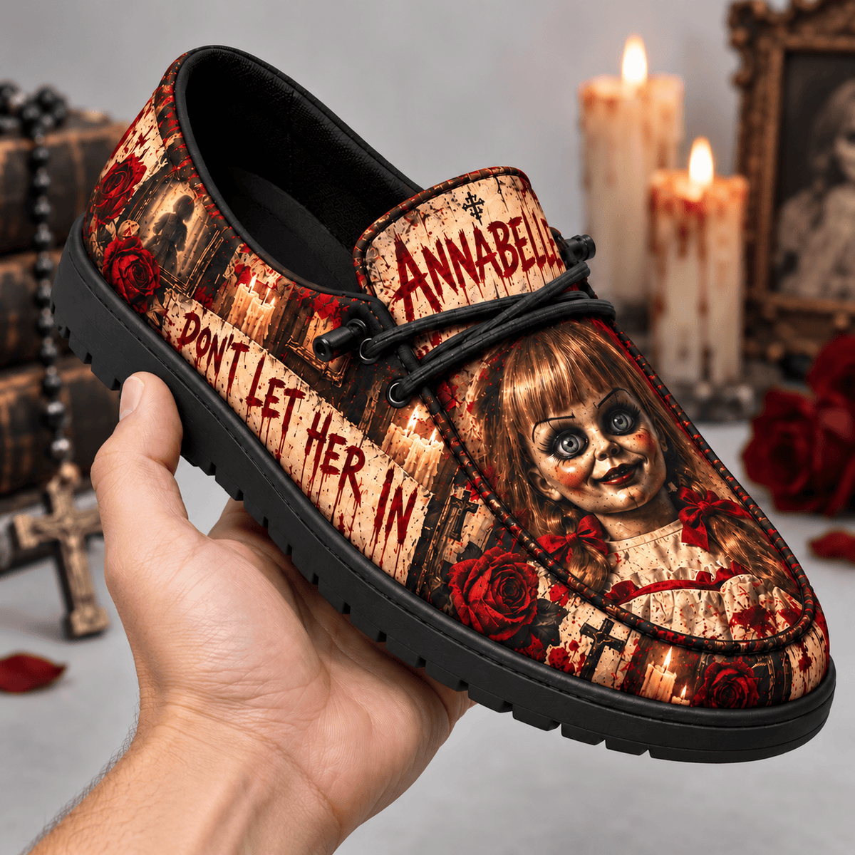 Annabelle Haunted Doll Red Rose Loafer Shoes For Fans Of Chilling Horror Movie Nights NDN 2
