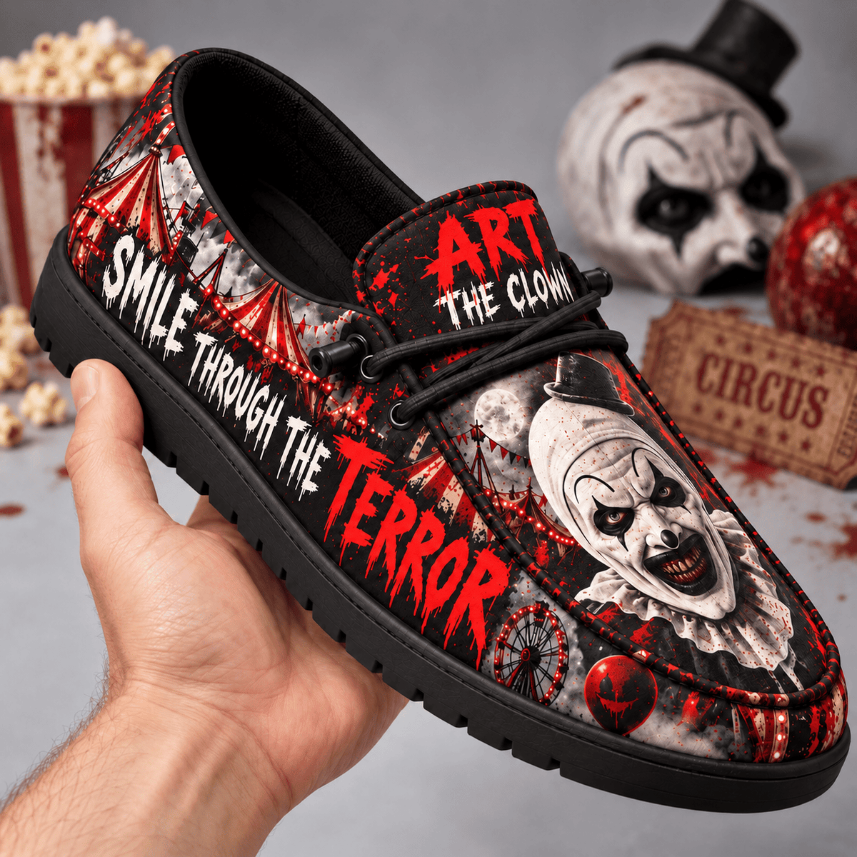 Art The Clown Red Balloon Loafer Shoes For Horror Fans Drawn To Carnival Nightmares NDN 2