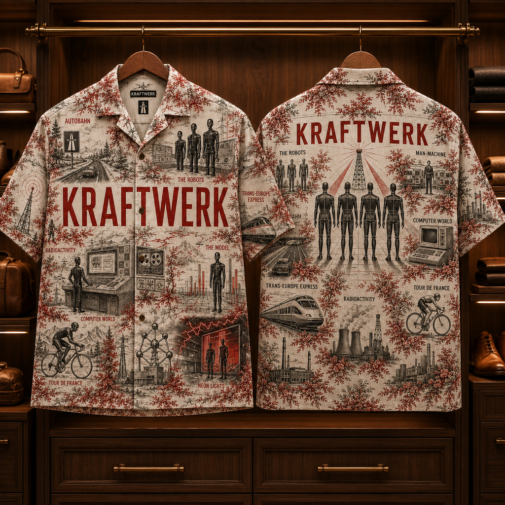Kraftwerk Hawaiian Shirt - Retro Electronic Band AOP Button Up Shirt with Autobahn, The Robots and Computer World Art