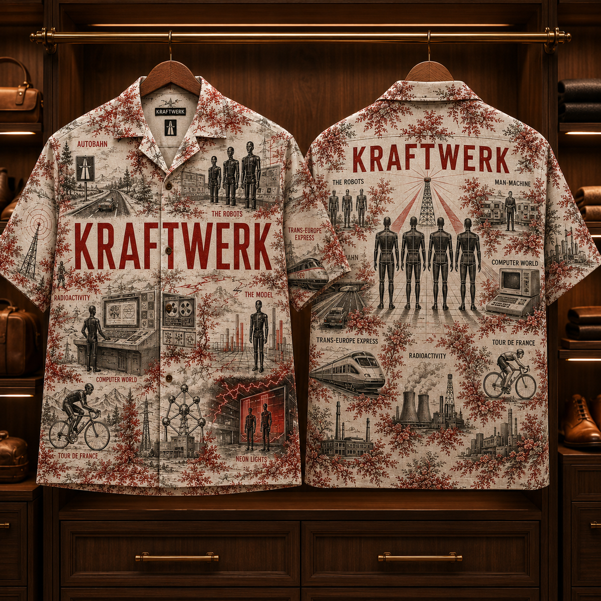 Kraftwerk Hawaiian Shirt - Retro Electronic Band AOP Button Up Shirt with Autobahn, The Robots and Computer World Art