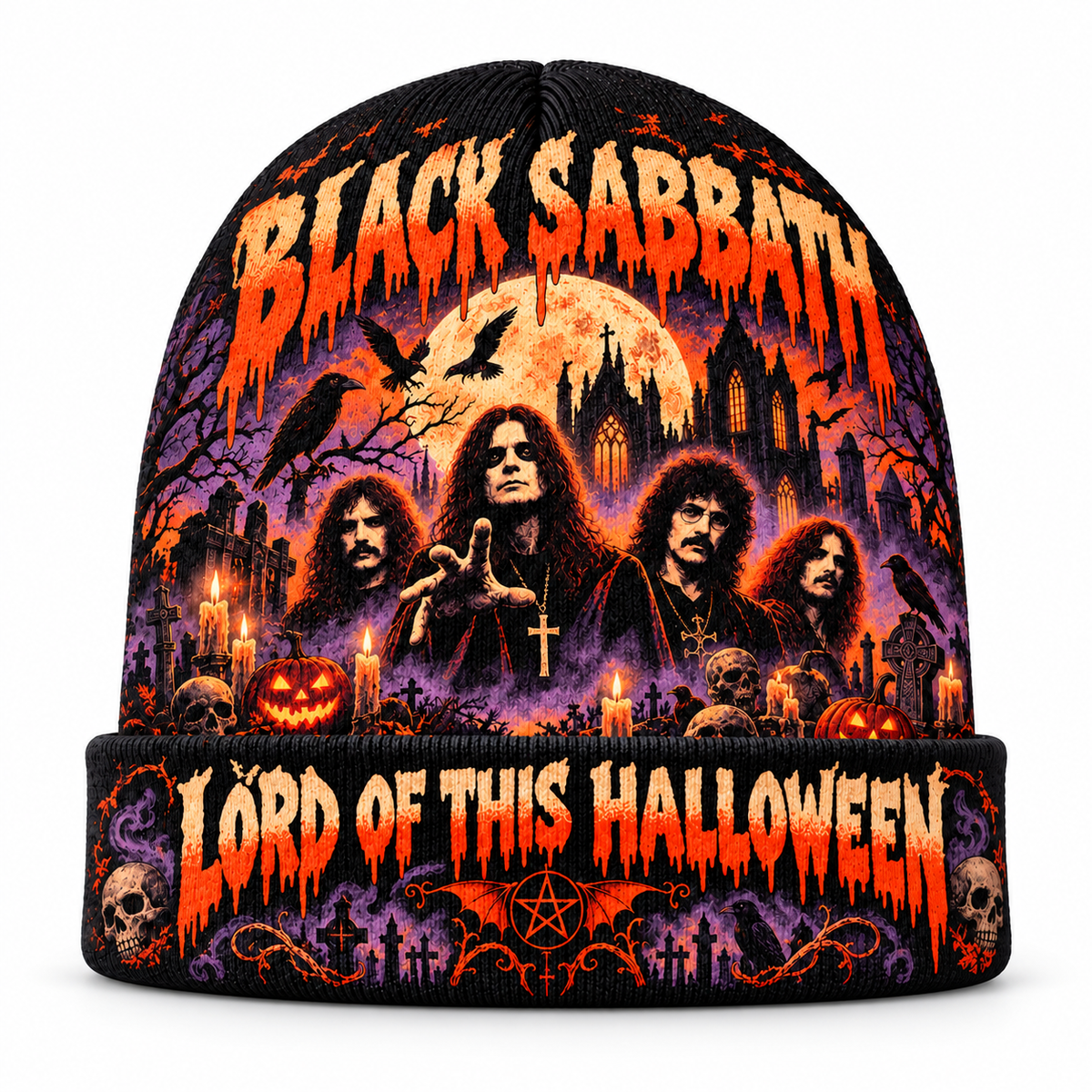 Black Sabbath Band Portrait Graphic Print Knit Beanie for Halloween Night Rituals NDN 1
