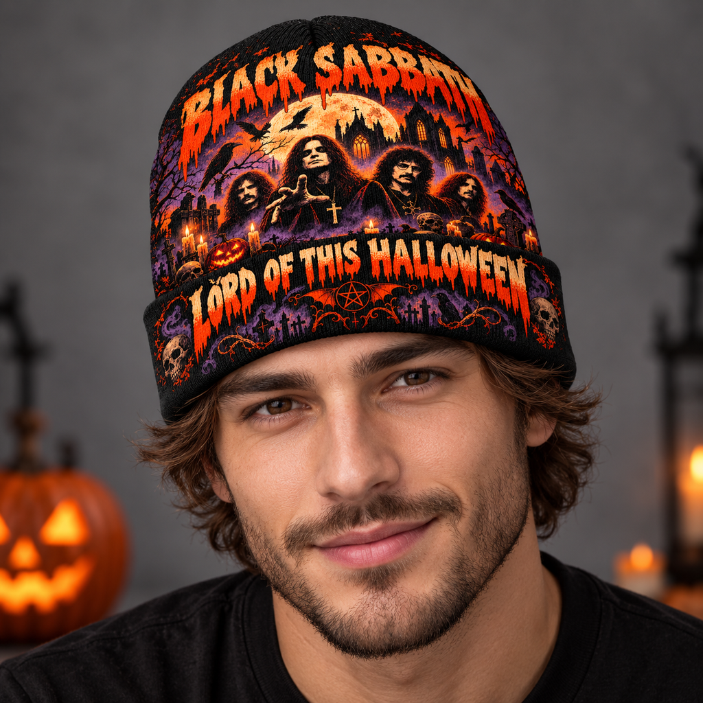 Black Sabbath Band Portrait Graphic Print Knit Beanie for Halloween Night Rituals NDN 3