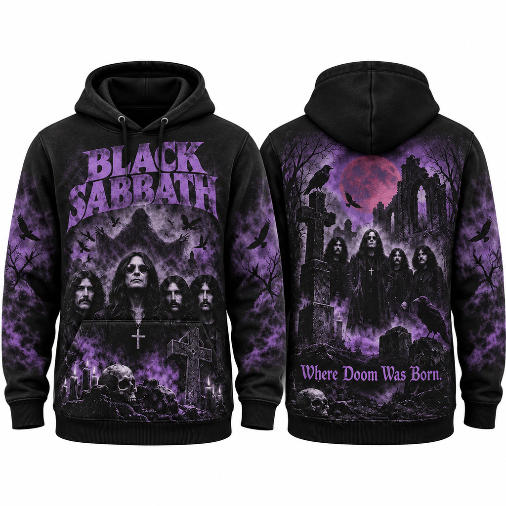 Black Sabbath Cemetery Ghosts Purple Lettering Where Doom Was Born Hoodie for Doom Night Fans NDN 1