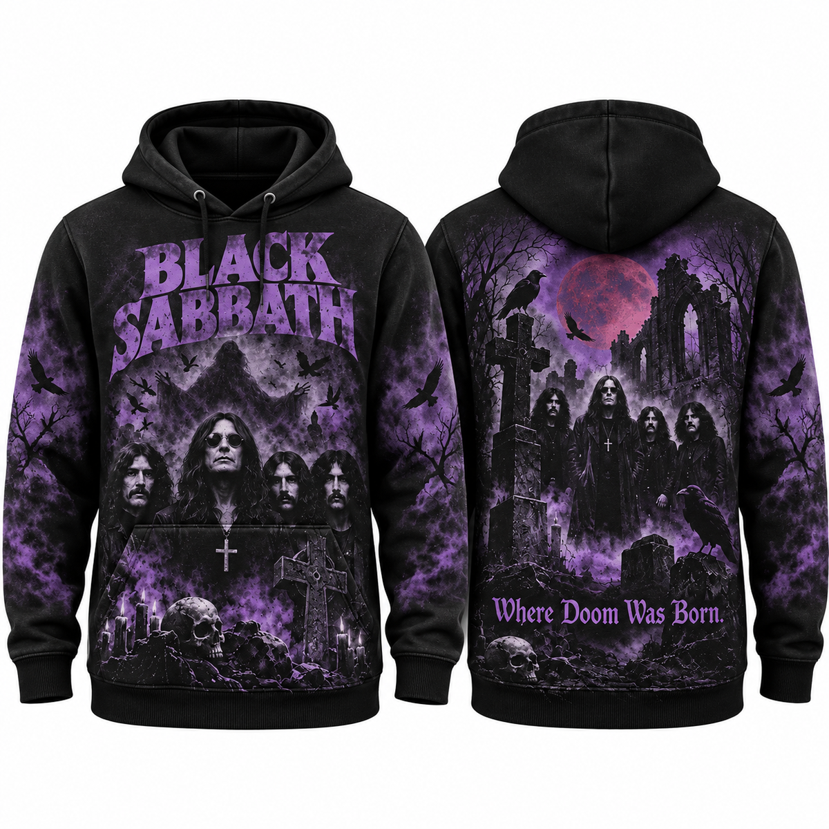 Black Sabbath Cemetery Ghosts Purple Lettering Where Doom Was Born Hoodie for Doom Night Fans NDN 1