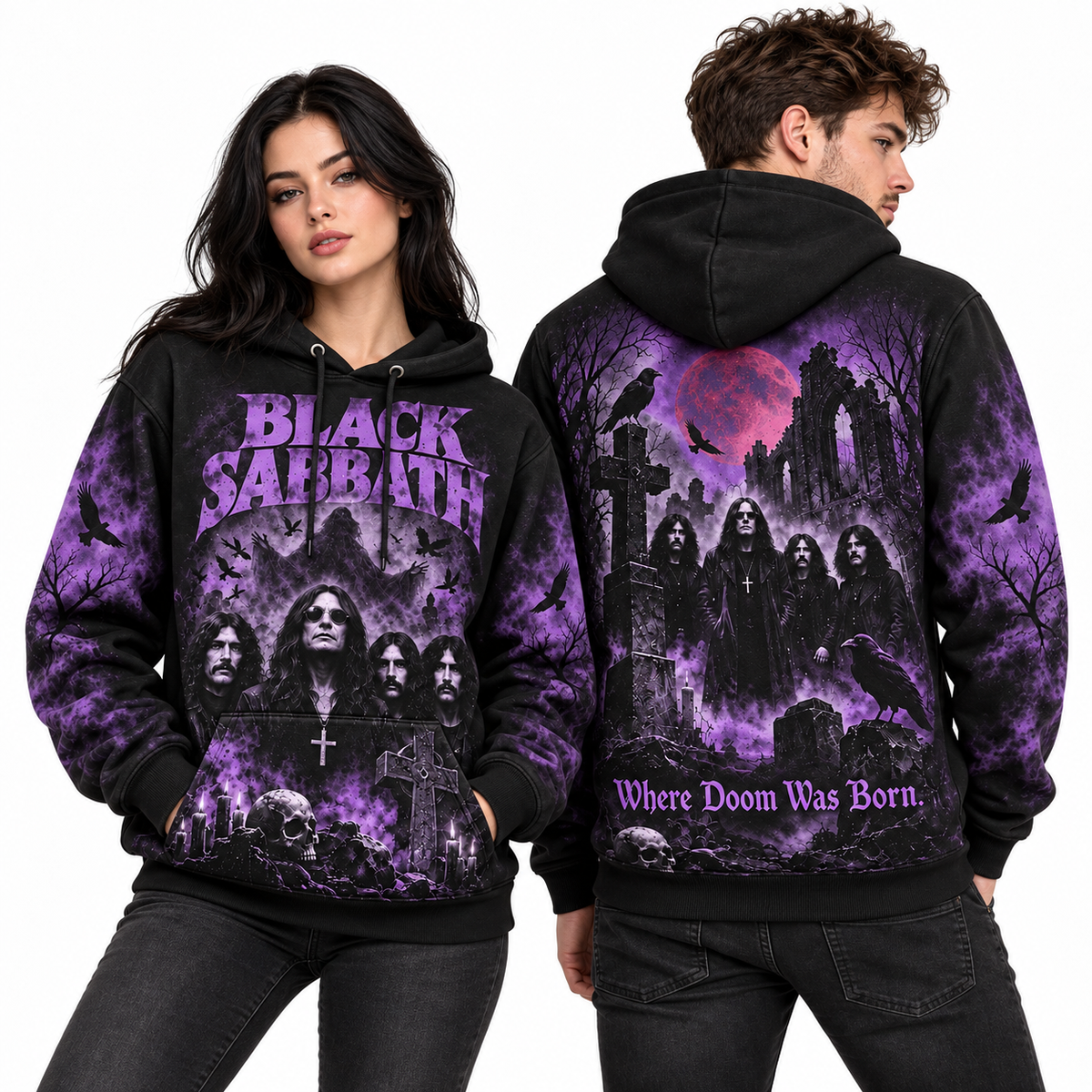 Black Sabbath Cemetery Ghosts Purple Lettering Where Doom Was Born Hoodie for Doom Night Fans NDN 2