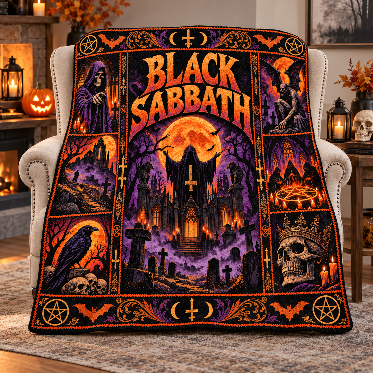 Black Sabbath Purple Castle Moon Fleece Blanket For Dark Halloween Rock Nights NDN 3