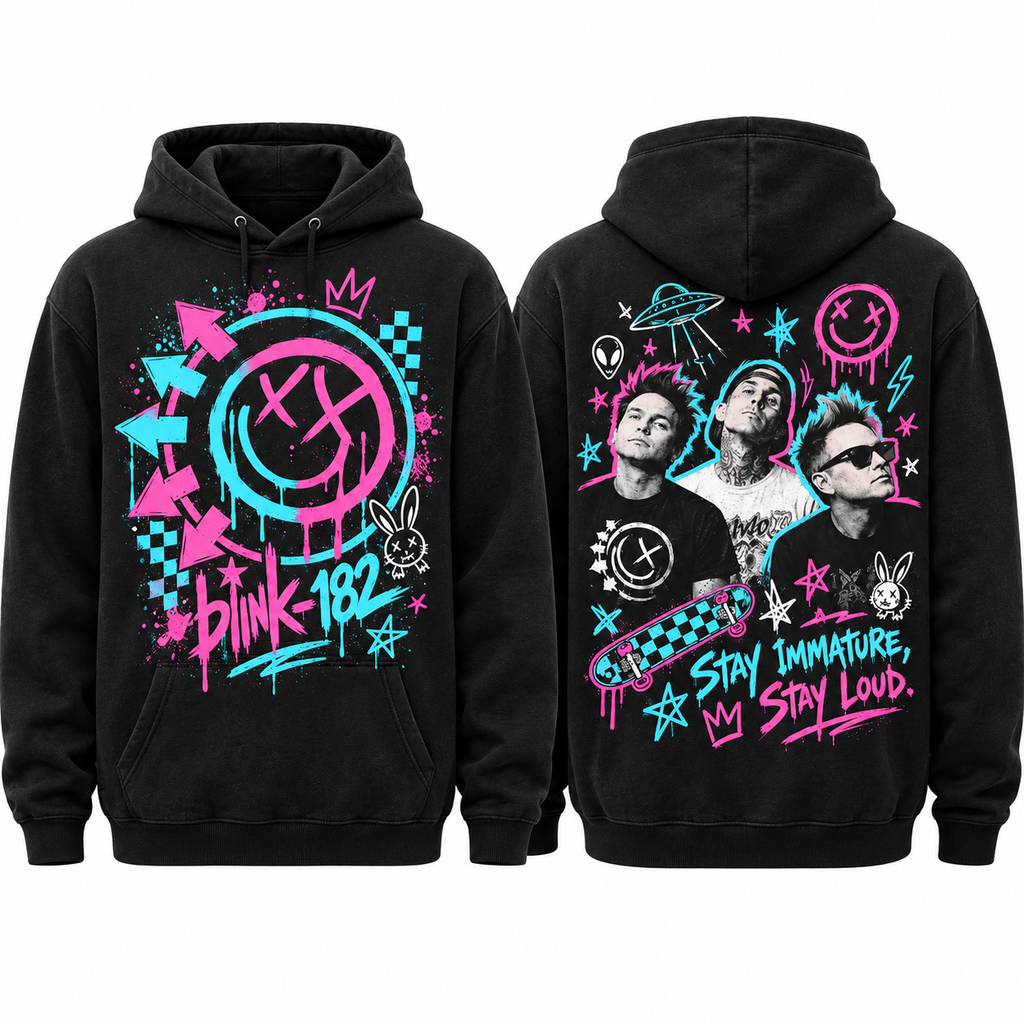 Blink 182 Pink Teal Smiley Three Faces Black Hoodie for Pop Punk Night Fans Night Style NDN 1