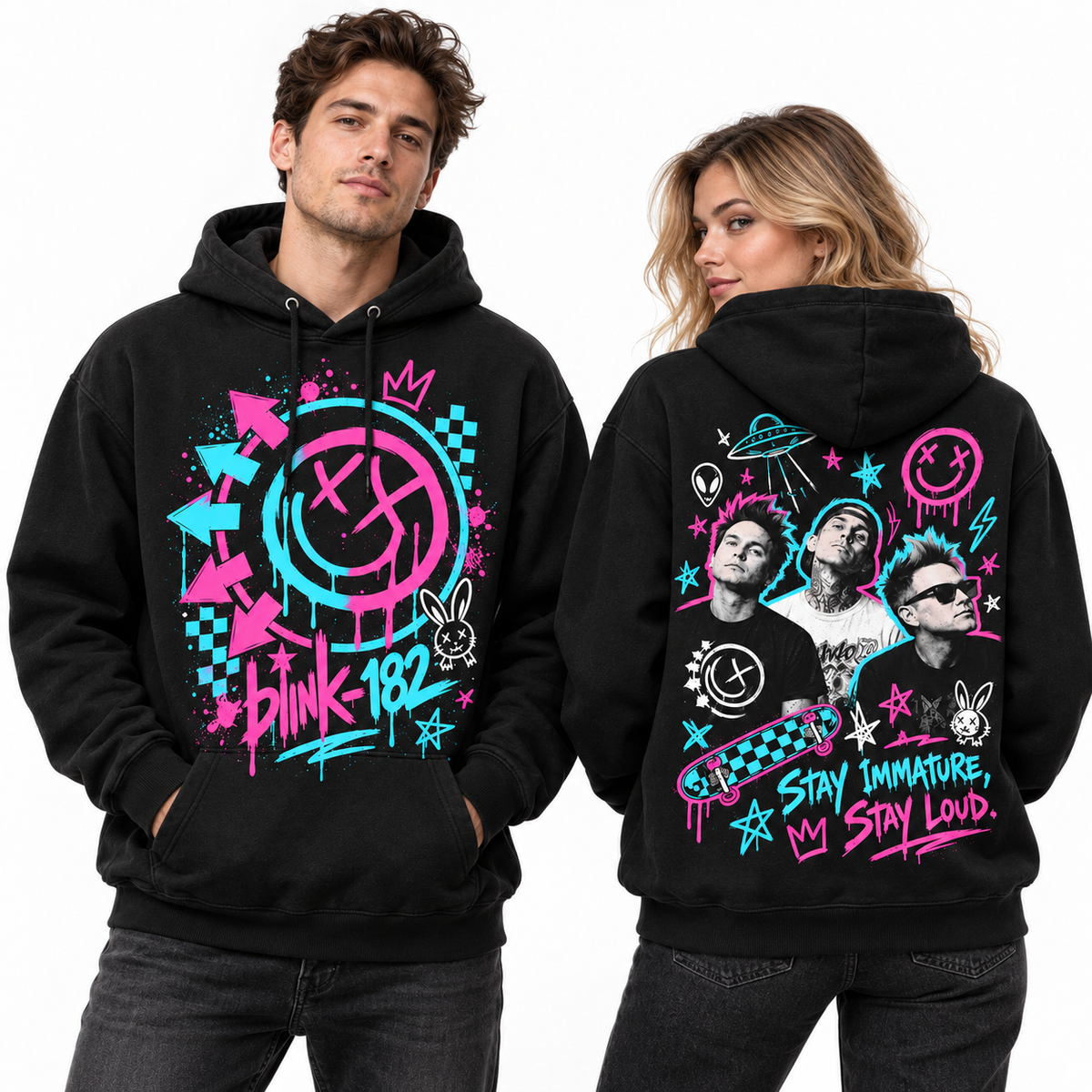 Blink 182 Pink Teal Smiley Three Faces Black Hoodie for Pop Punk Night Fans Night Style NDN 2