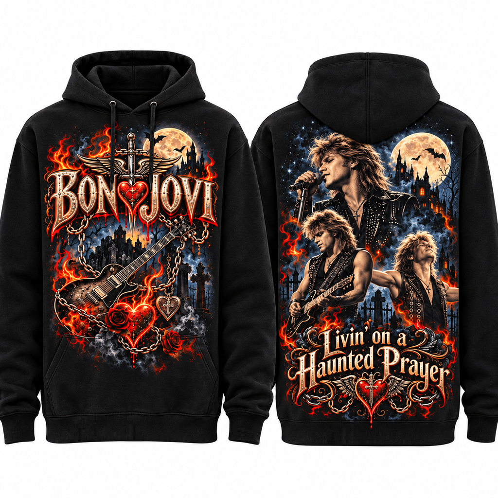 Bon Jovi Flaming Heart Guitar Livin On A Haunted Prayer Hoodie for Haunted Rock Fans NDN 1