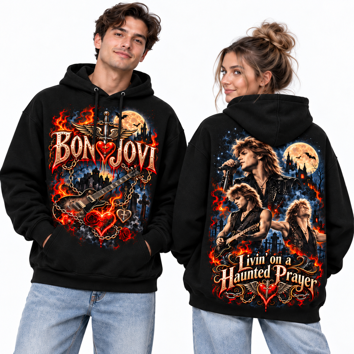 Bon Jovi Flaming Heart Guitar Livin On A Haunted Prayer Hoodie for Haunted Rock Fans NDN 2