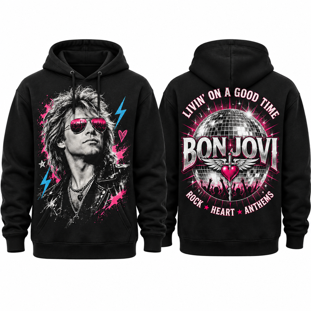 Bon Jovi Portrait Pink Lightning Livin On A Good Time Rock Heart Hoodie for Arena Rock Fans NDN 1