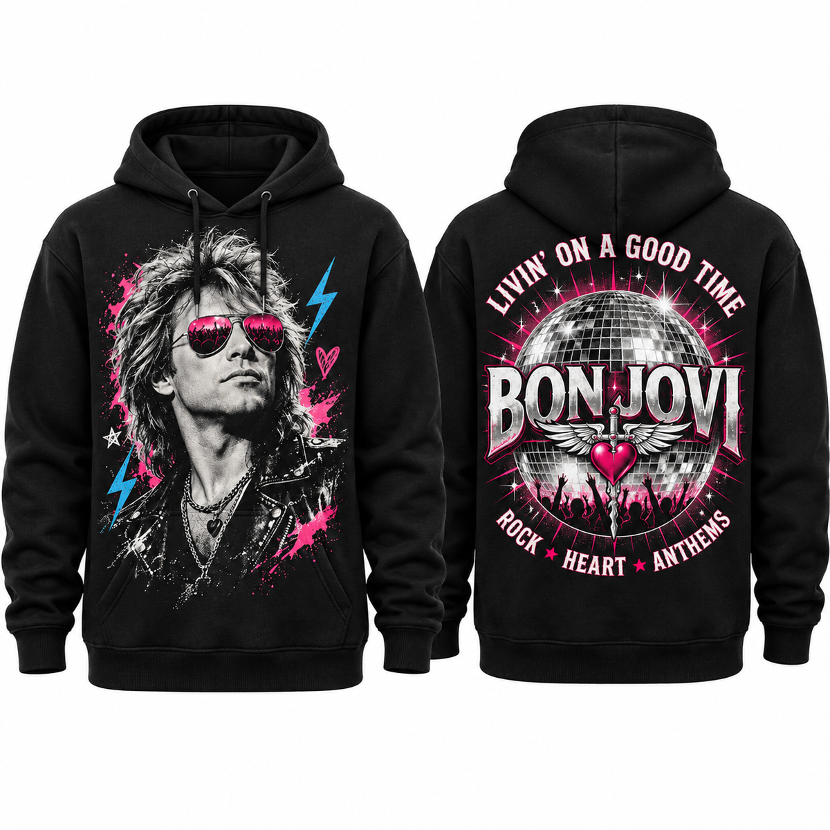 Bon Jovi Portrait Pink Lightning Livin On A Good Time Rock Heart Hoodie for Arena Rock Fans NDN 1