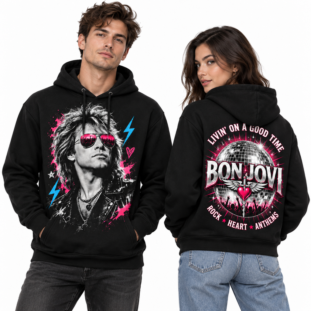Bon Jovi Portrait Pink Lightning Livin On A Good Time Rock Heart Hoodie for Arena Rock Fans NDN 2