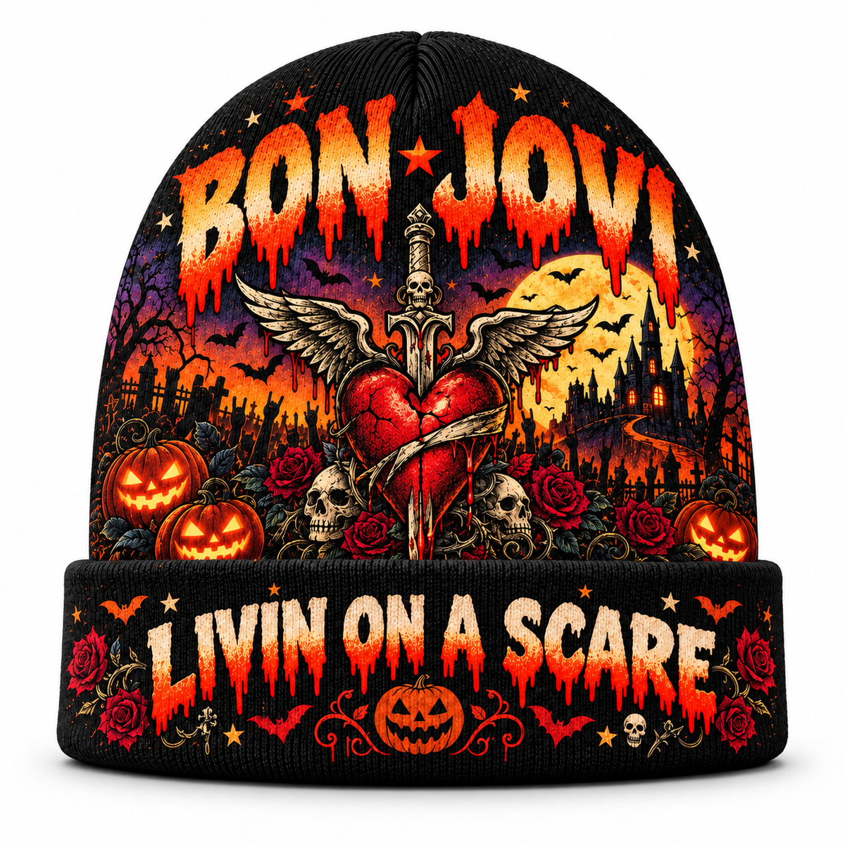 Bon Jovi Winged Dagger Heart Graphic Print Knit Beanie for Livin On A Scare Nights NDN 1