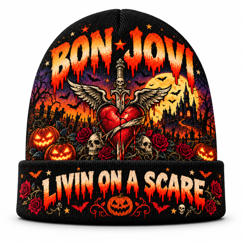 Bon Jovi Winged Dagger Heart Graphic Print Knit Beanie for Livin On A Scare Nights NDN 1