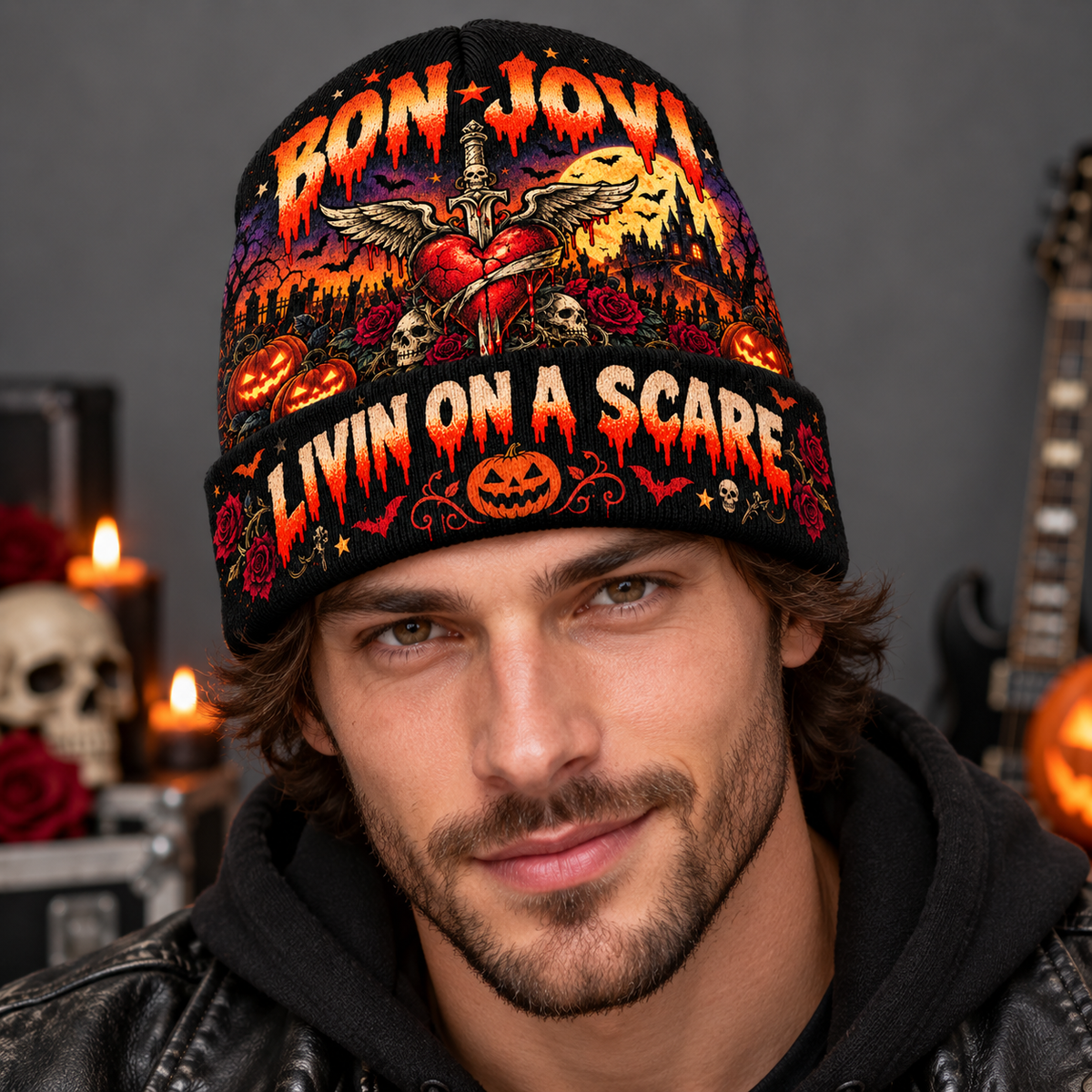 Bon Jovi Winged Dagger Heart Graphic Print Knit Beanie for Livin On A Scare Nights NDN 2
