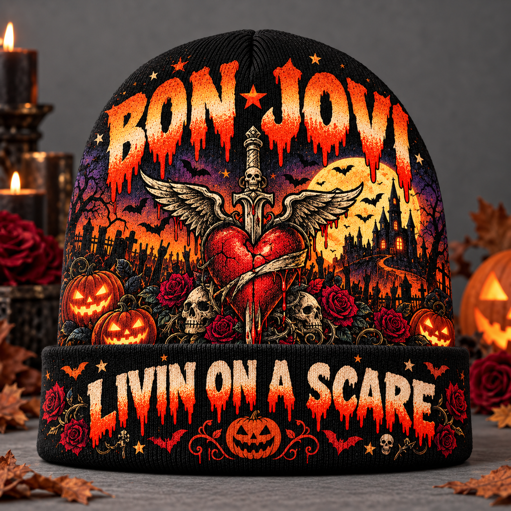 Bon Jovi Winged Dagger Heart Graphic Print Knit Beanie for Livin On A Scare Nights NDN 3