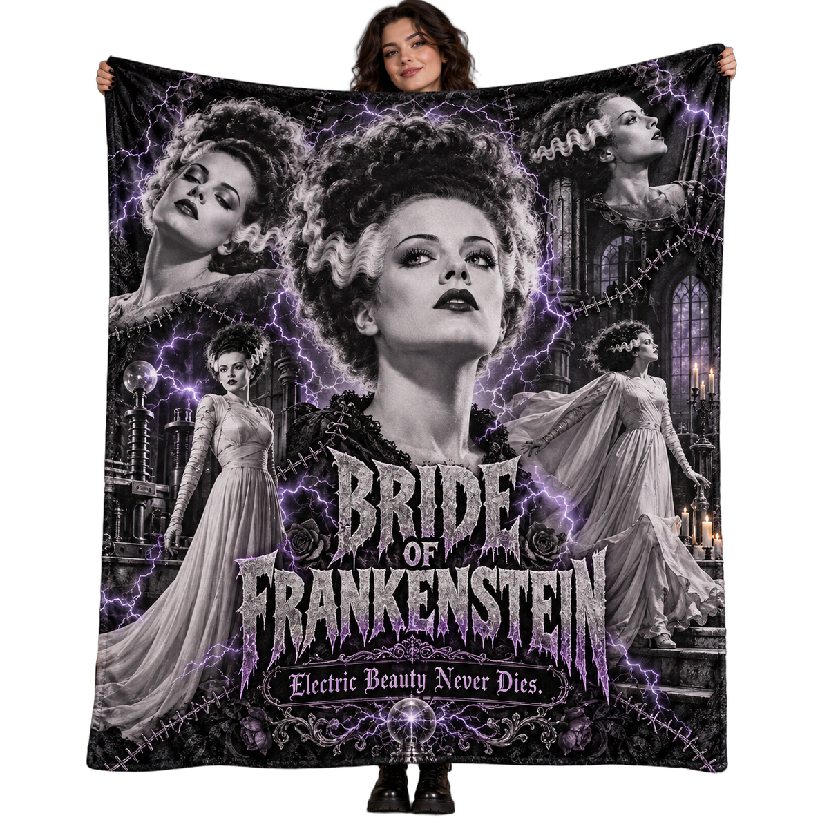 Bride Of Frankenstein Portrait And Purple Lightning Fleece Blanket For Classic Gothic Monster Fans NDN 1