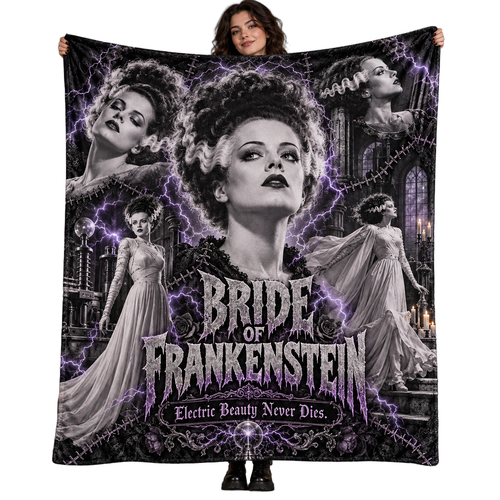 Bride Of Frankenstein Portrait And Purple Lightning Fleece Blanket For Classic Gothic Monster Fans NDN 1