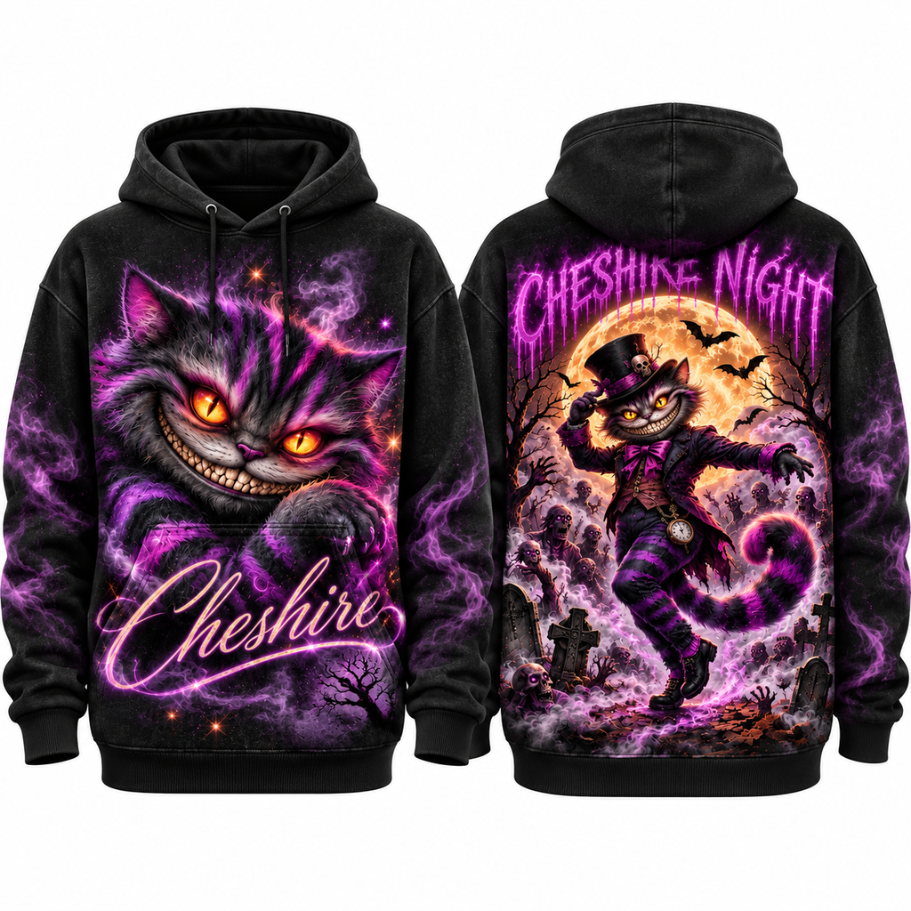 Cheshire Cat Purple Grin Cheshire Night Scythe Moon Hoodie for Wonderland Night Fans NDN 1