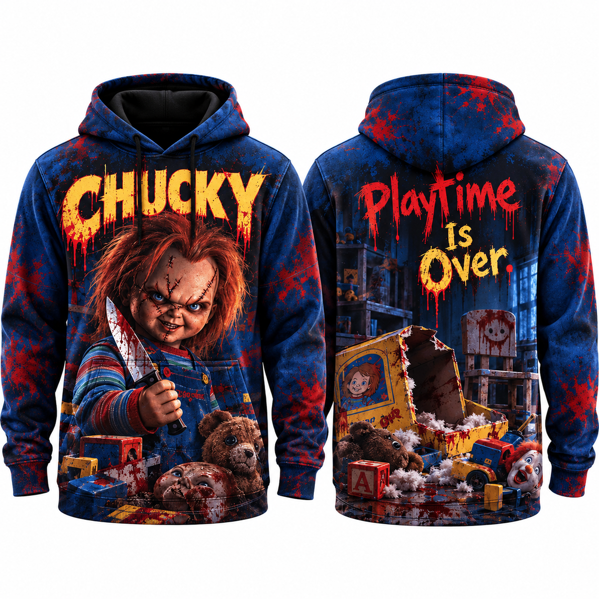 Chucky Doll Face Tie Dye Playtime Is Over Toybox Hoodie for Horror Doll Fans NDN 1