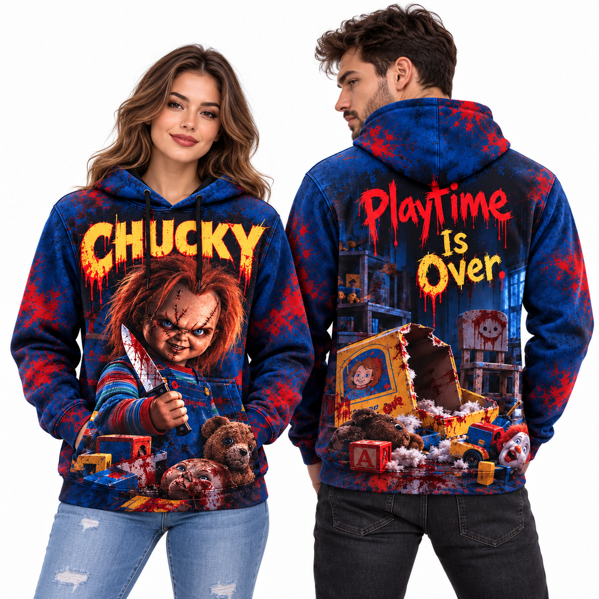 Chucky Doll Face Tie Dye Playtime Is Over Toybox Hoodie for Horror Doll Fans NDN 2