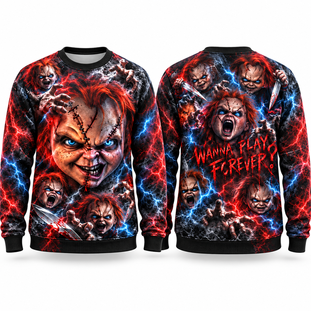 Chucky Doll Faces We All Play Forever Black Sweater for Killer Toy Night Fans NDN 1