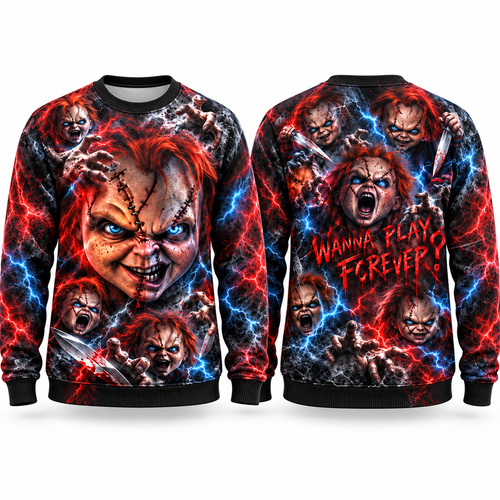 Chucky Doll Faces We All Play Forever Black Sweater for Killer Toy Night Fans NDN 1