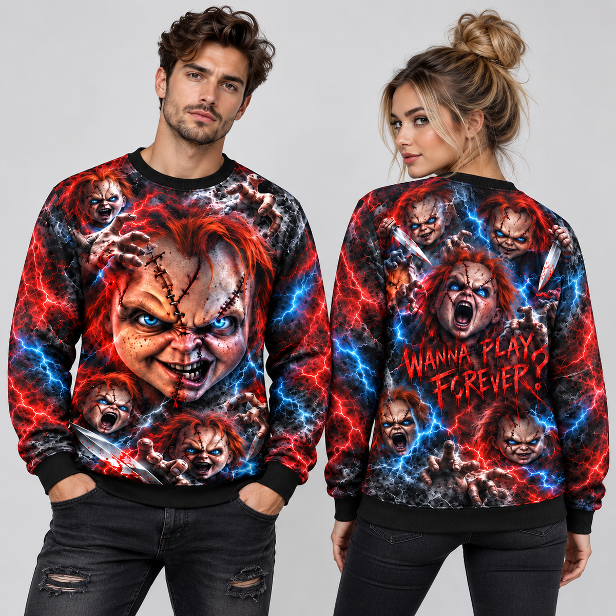 Chucky Doll Faces We All Play Forever Black Sweater for Killer Toy Night Fans NDN 2
