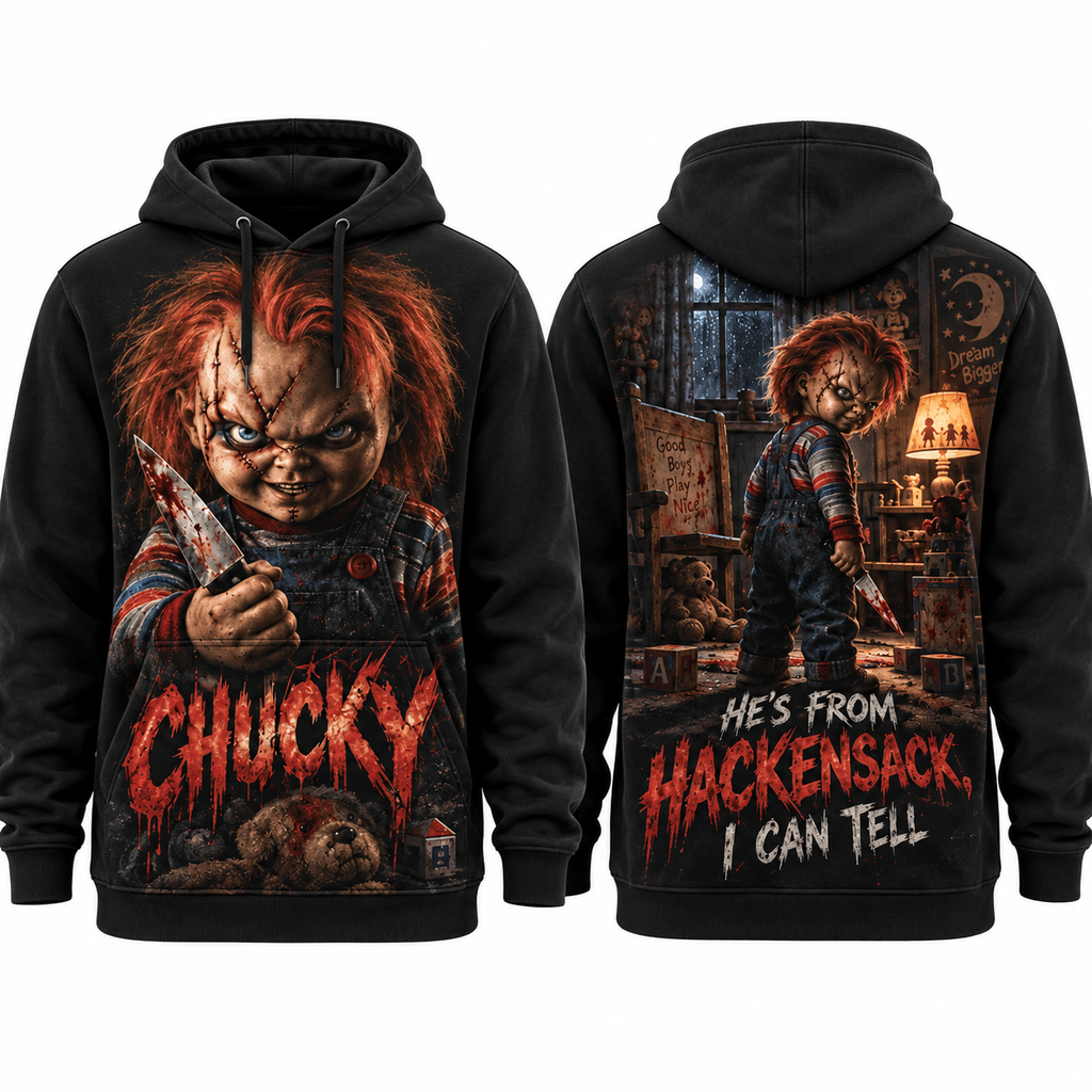 Chucky Dripping Knife Hes From Hackensack I Can Tell Hoodie for Killer Doll Fans NDN 1
