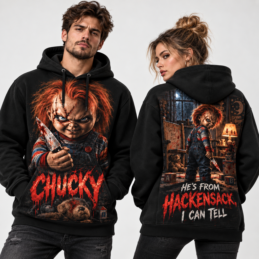 Chucky Dripping Knife Hes From Hackensack I Can Tell Hoodie for Killer Doll Fans NDN 2
