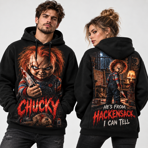 Chucky Dripping Knife Hes From Hackensack I Can Tell Hoodie for Killer Doll Fans NDN 2