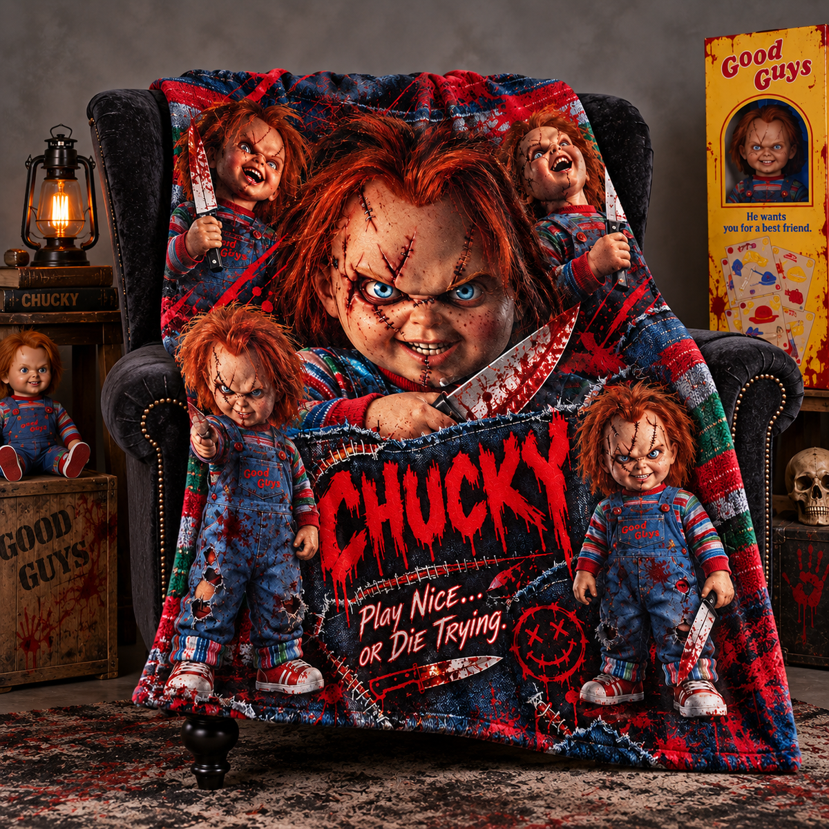 Chucky Red Hair And Doll Collage Fleece Blanket For Killer Doll Movie Nights NDN 2