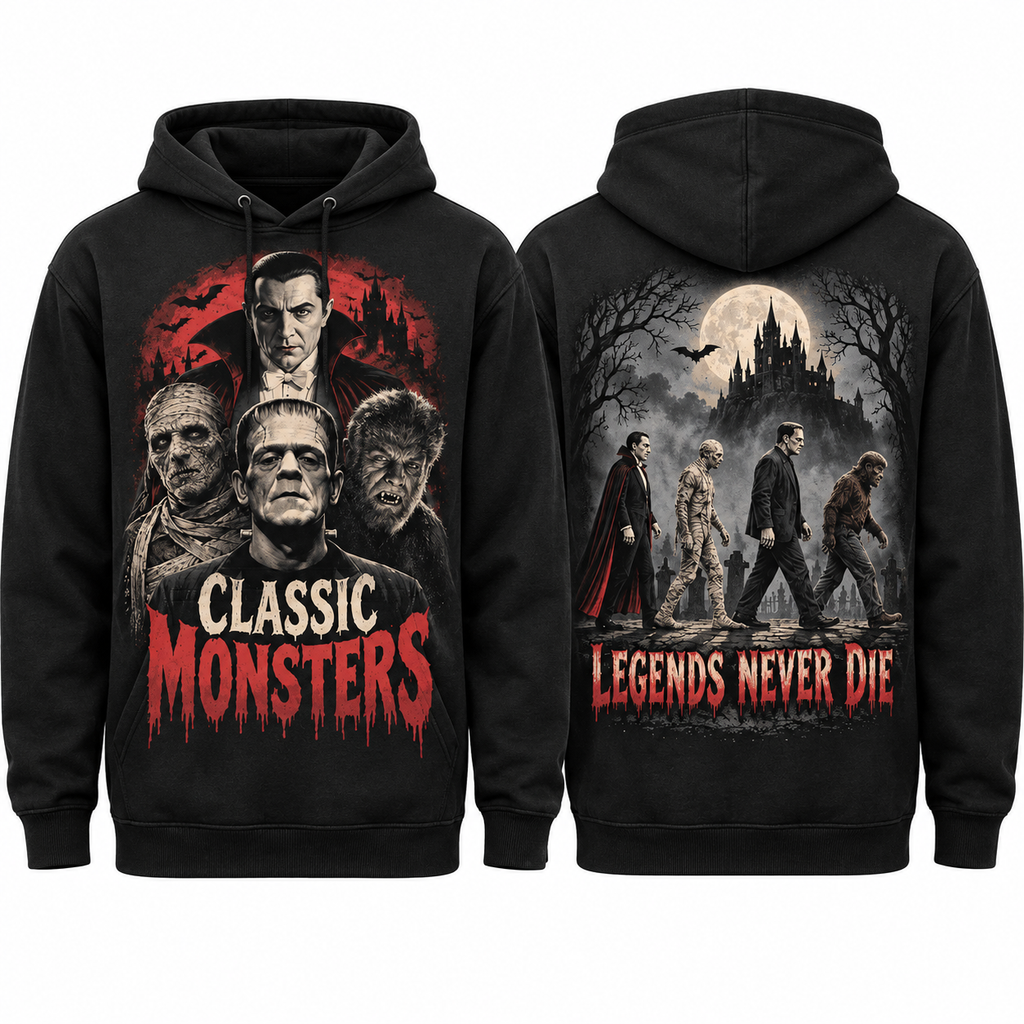 Classic Monsters Four Faces Legends Never Die Castle Hoodie for Classic Horror Fans NDN 1