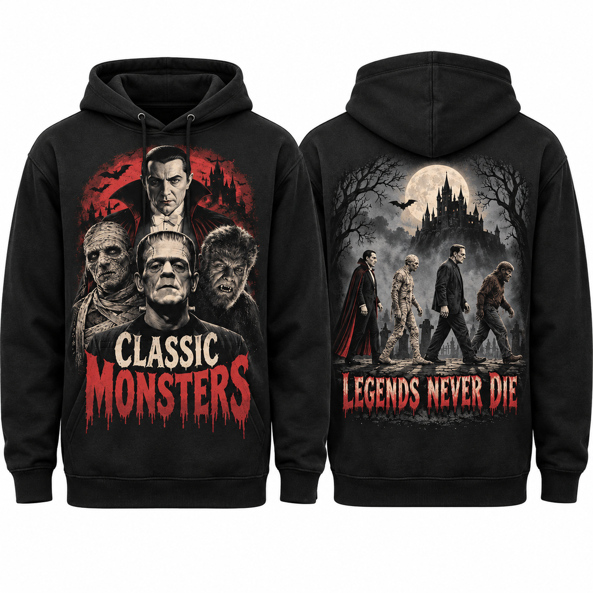 Classic Monsters Four Faces Legends Never Die Castle Hoodie for Classic Horror Fans NDN 1
