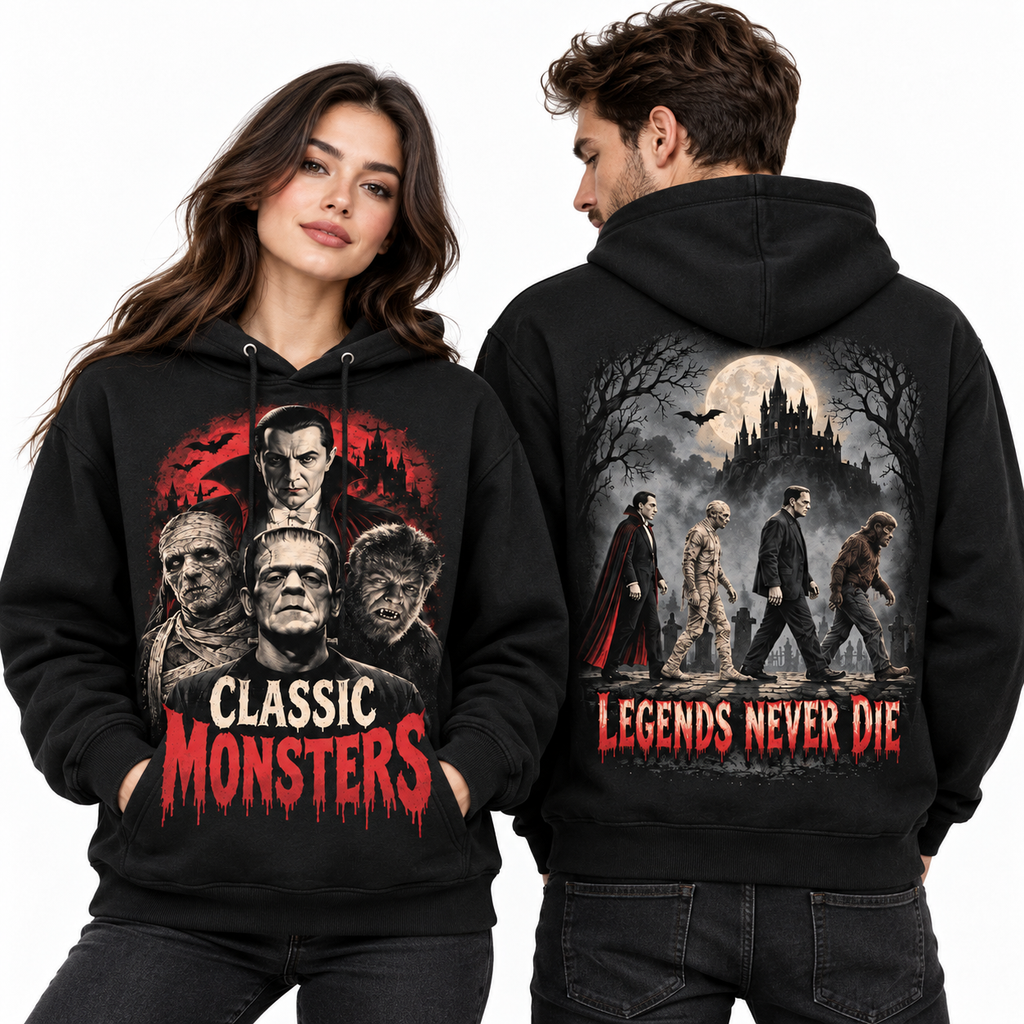 Classic Monsters Four Faces Legends Never Die Castle Hoodie for Classic Horror Fans NDN 2